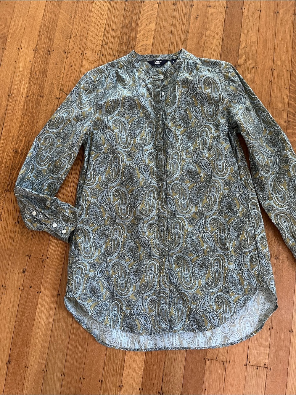 Lands' End Olive and Gray Paisley Button-Front Tunic